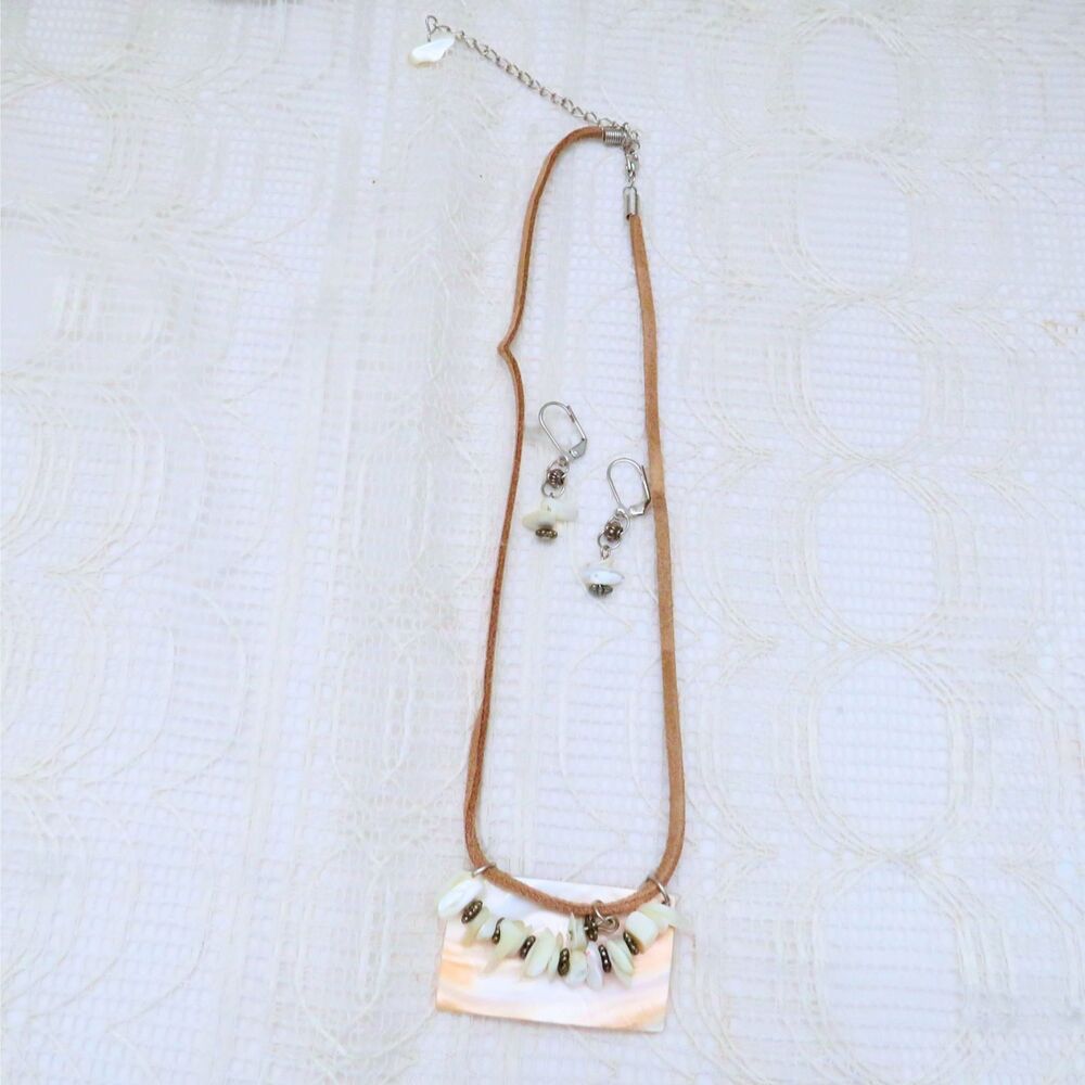 Necklace and Earring Set Women Boho Gift For Her Mock Leather and Shell